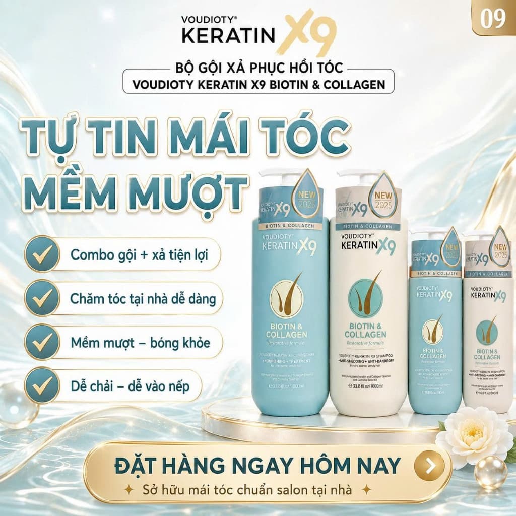 Bộ Dầu Gội Xả Keratin X9 Biotin Phục Hồi Tóc Hư Tổn – Giảm Gãy Rụng, Kích Thích Mọc