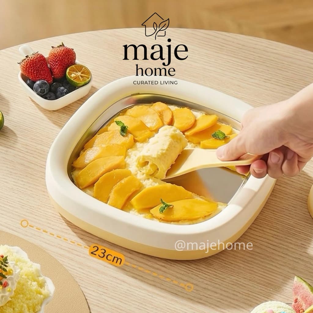 Khay làm kem cuộn inox 316L cao cấp, khay làm kem Thái Lan, dụng cụ làm kem trái cây tiện lợi an toàn - Majehome