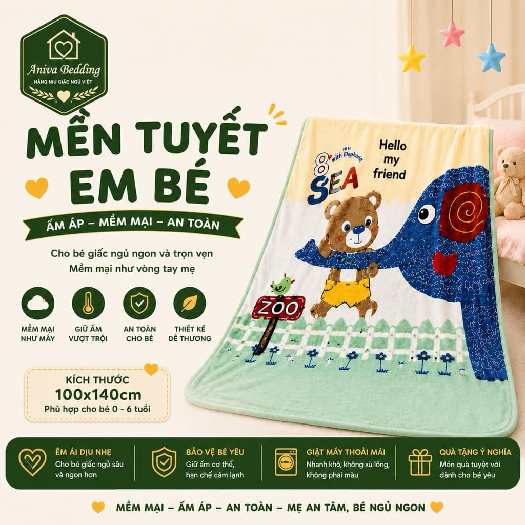 Mền Tuyết Em Bé Aniva Bedding 100x140cm Mềm Mịn Giữ Ấm Chăn Cho Bé 0-6 Tuổi Giặt Máy Không Xù Chính Hãng