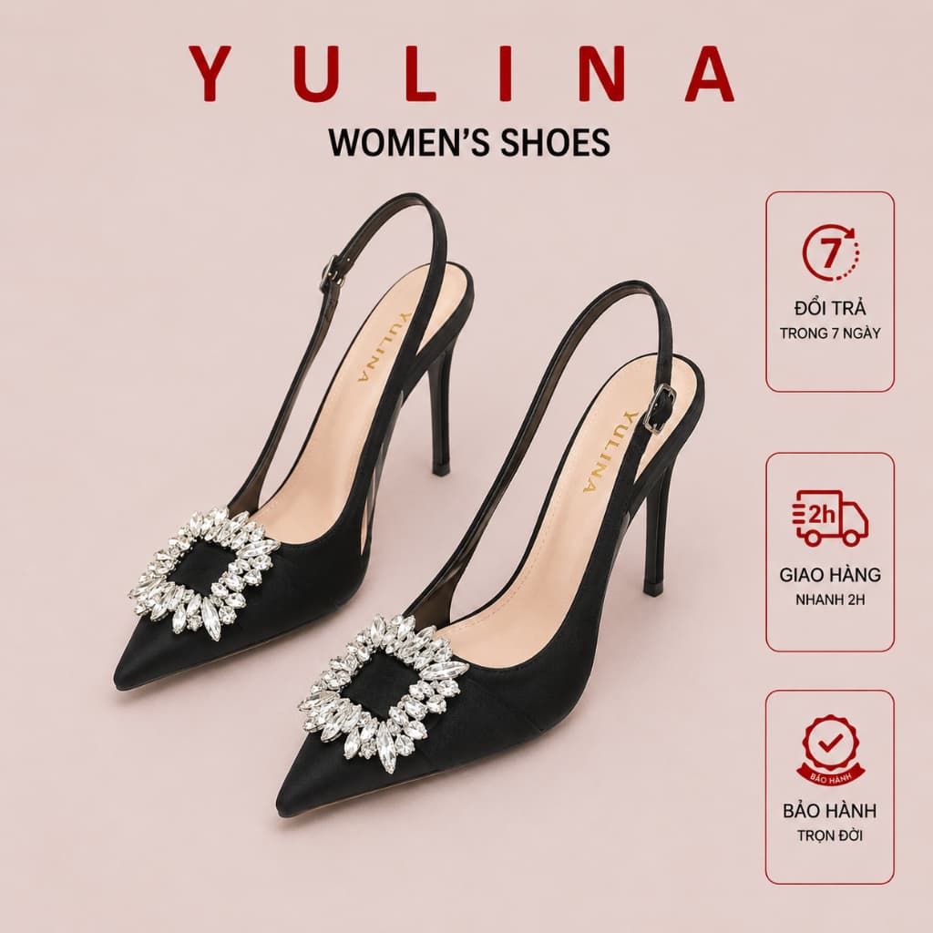 giày cao gót 𝙔𝙐𝙇𝙄𝙉𝘼 9 phân mũi nhọn,guốc cao gót 7p bít mũi đế nhọn đen trắng basic cho nữ quai đính đá 2024 P16