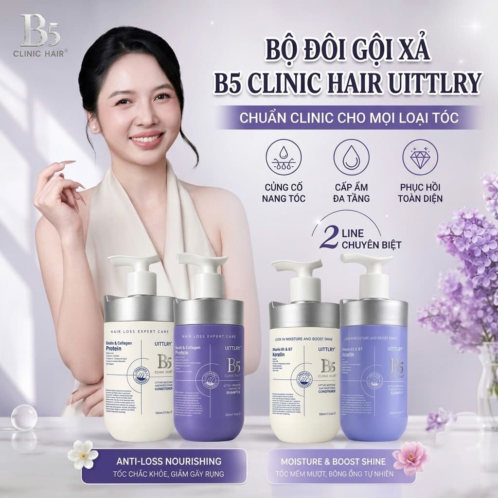 Bộ Dầu Gội Xả Dưỡng Ẩm, Phục Hồi Tóc Hư Tổn & Hỗ Trợ Giảm Gãy Rụng B5 Clinic Hair UITTLRY 500mlx2