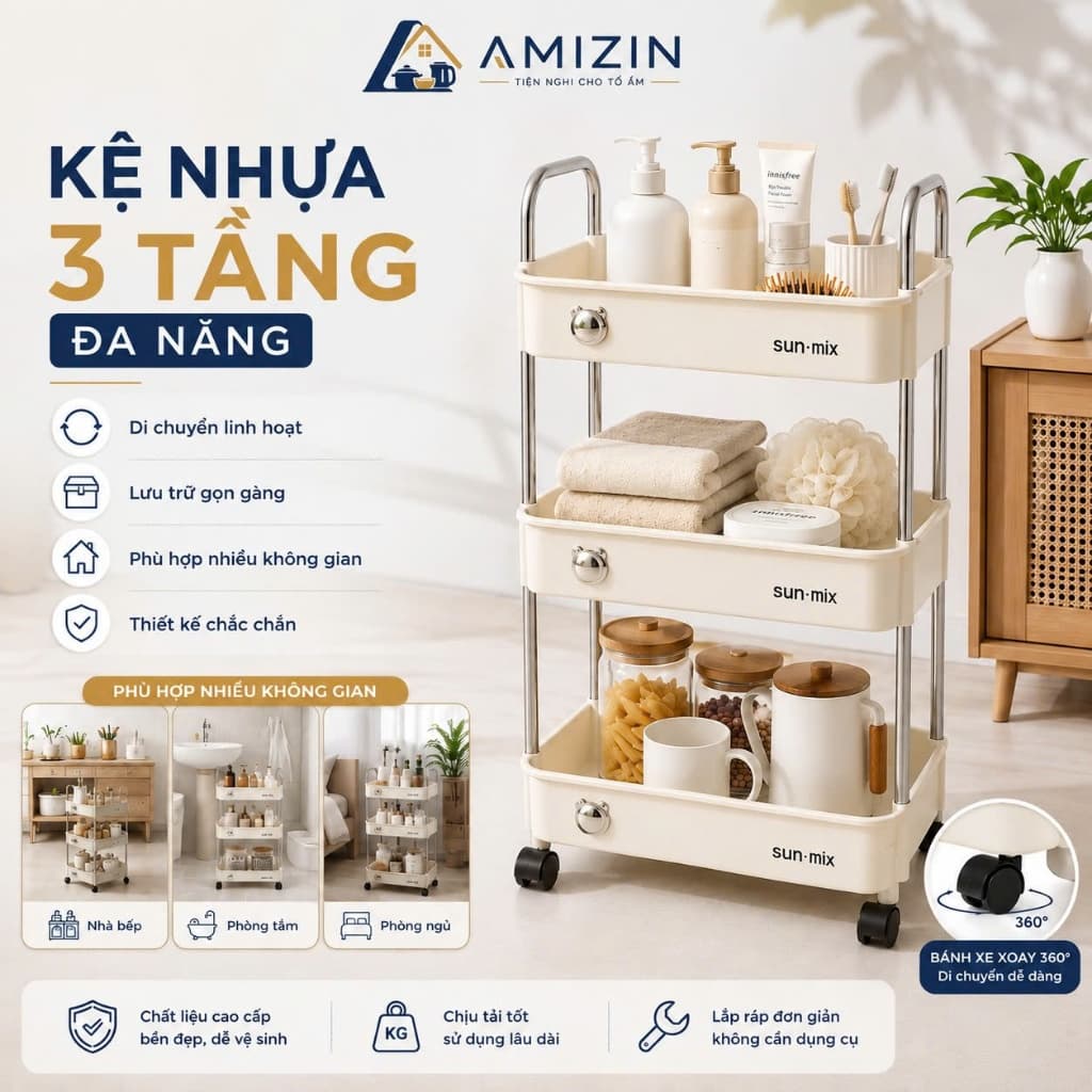 Kệ để đựng đồ đa năng (loại 1 ) Kệ bếp 3 - 4 tầng có bánh xe LCNL2