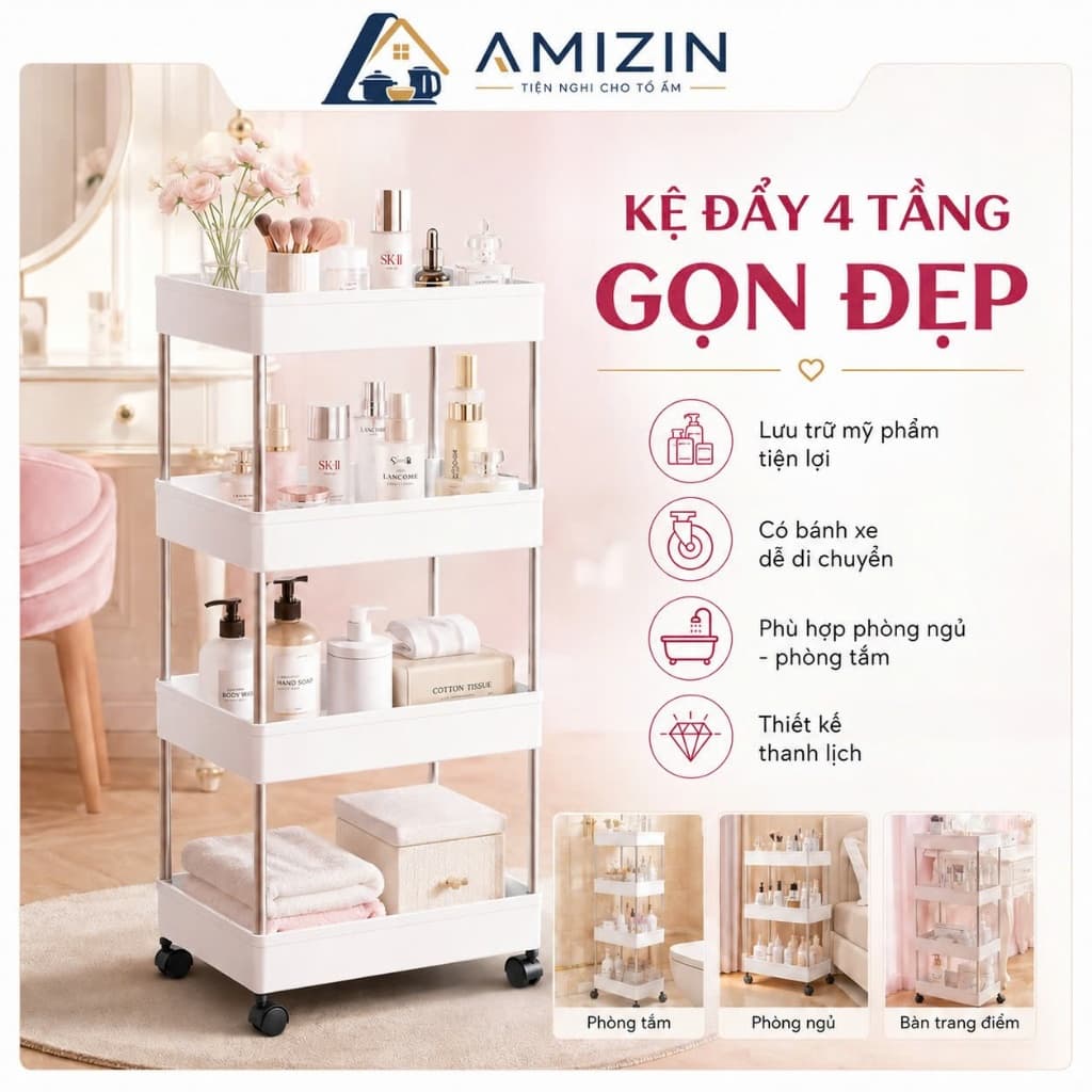 Kệ đựng đồ đa năng 3 tầng,4 tầng có bánh xe đẩy chuyên dụng cho spa, phòng tắm, bếp chất liệu inox cao cấp LCNL2
