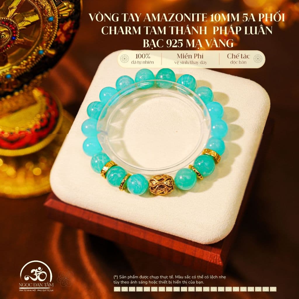 Ngọc Đan Tâm - Vòng Tay Amazonite 10mm 5A Phối Charm Tam Thánh Pháp Luân