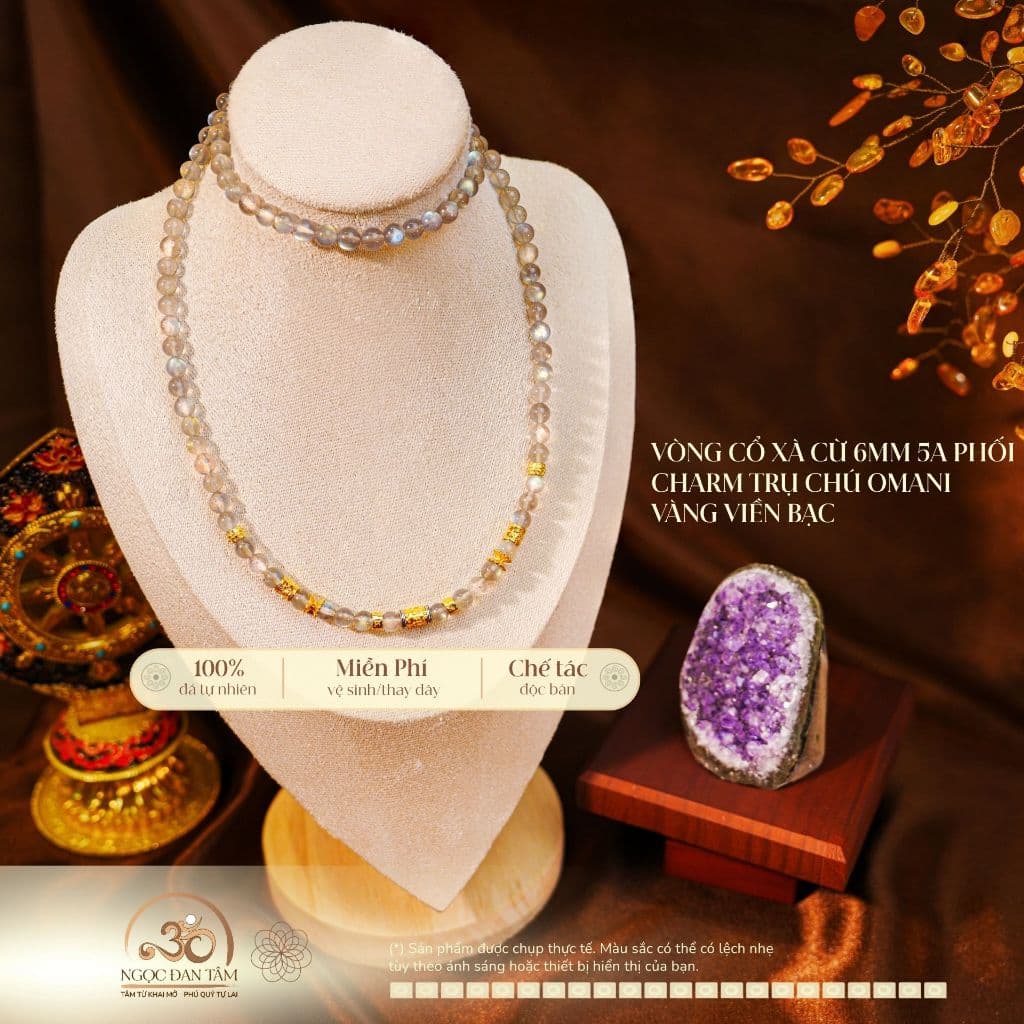 Vòng Cổ Xà Cừ 6mm 5A Phối Charm Trụ Chú Omani Mạ Vàng Viền Bạc