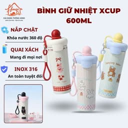 Bình GiữNhiệt XCUP 600ml Họa Tiết Mèo Con Dễ Thương  Ly giữ Nhiệt Nóng Lạnh Inox 316 Cao Cấp Có Quai Xách Tiện Lợi 1