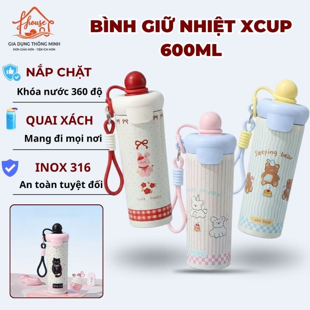 Bình GiữNhiệt XCUP 600ml Họa Tiết Mèo Con Dễ Thương  Ly giữ Nhiệt Nóng Lạnh Inox 316 Cao Cấp Có Quai Xách Tiện Lợi