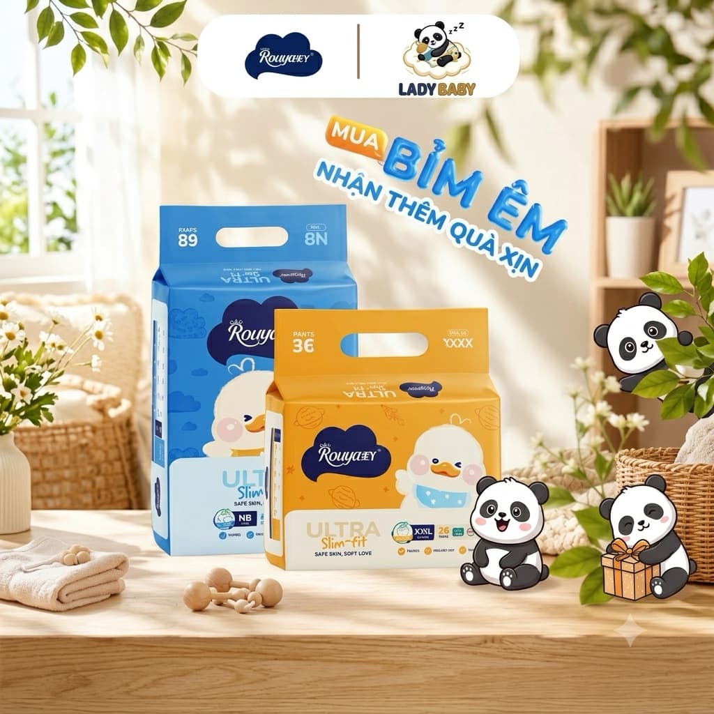 [ KÈM QUÀ ] 1 BỊCH Tã/bỉm ROUYA siêu thấm, lành tính cho bé size NB,S,M,L,XL,XXL,XXXL