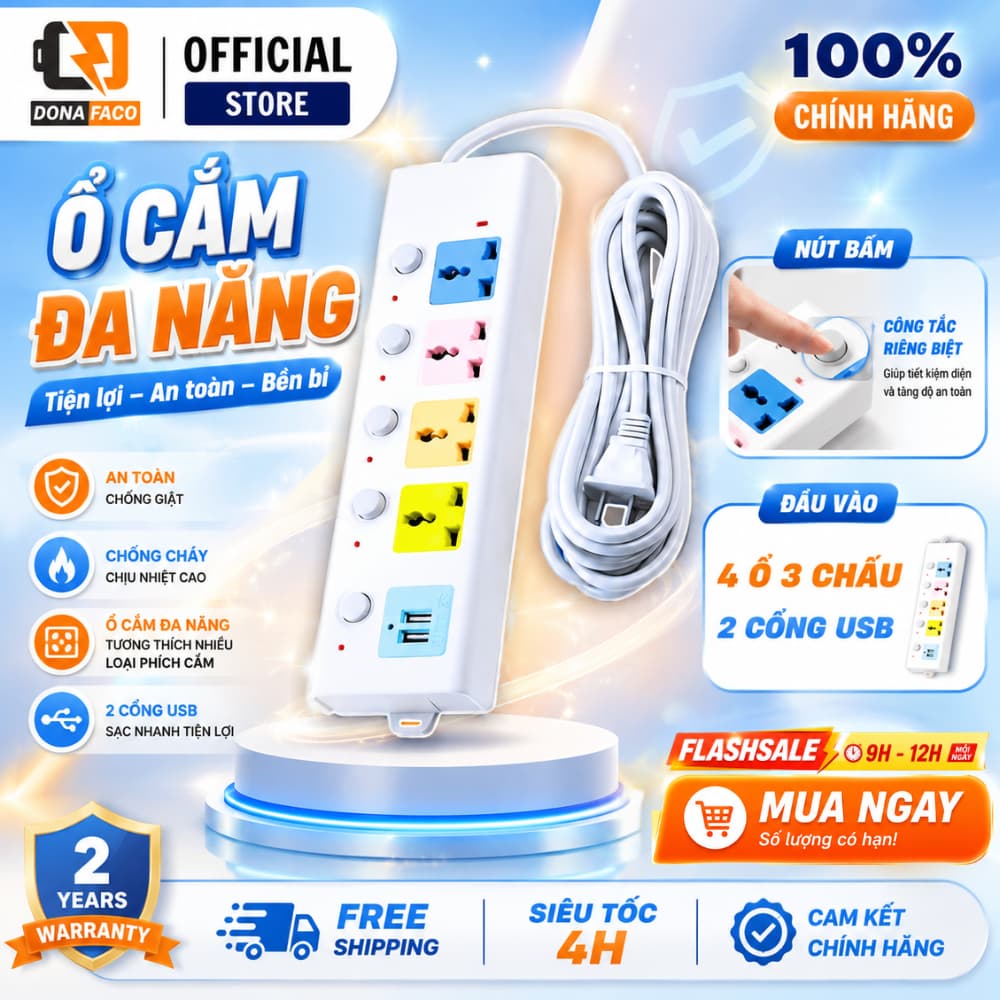 Ổ cắm điện đa năng 7 Cổng có Sạc USB dây dài 3M Và 5M hất Lượng Cao 100% Chính Hãng