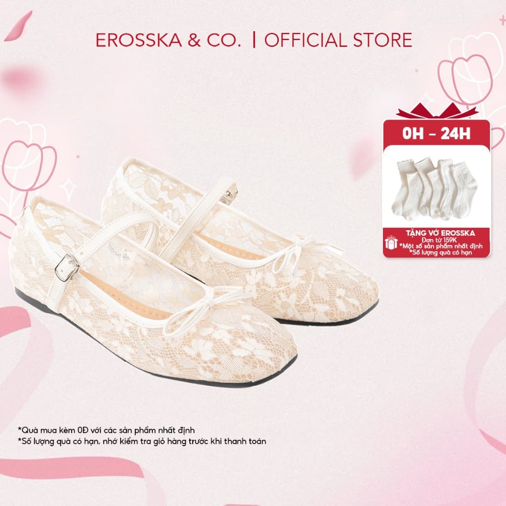 EROSSKA - Giày nữ ballet core lưới quai ngang phối nơ màu trắng kiểu dáng basic màu kem  - EL085