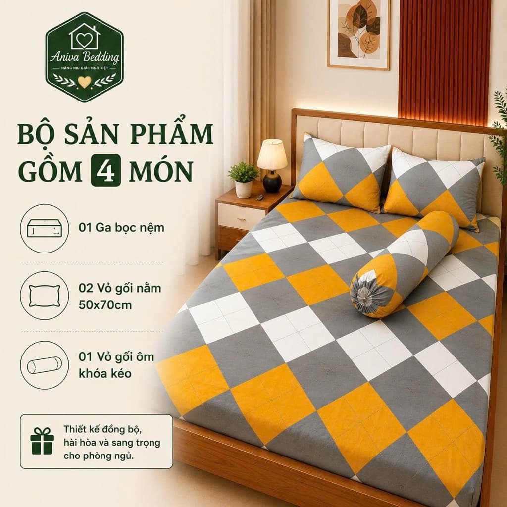 Bộ Ga Gối Cotton Thắng Lợi 4 Món Aniva Bedding 2mx2m - 2m2x2m Cotton Mềm Mại, Thoáng Mát, Ga Bọc Nệm Cao 3-15cm