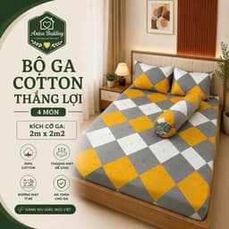Bộ Ga Gối Cotton Thắng Lợi 4 Món Aniva Bedding 2mx2m - 2m2x2m Cotton Mềm Mại, Thoáng Mát, Ga Bọc Nệm Cao 3-15cm 4
