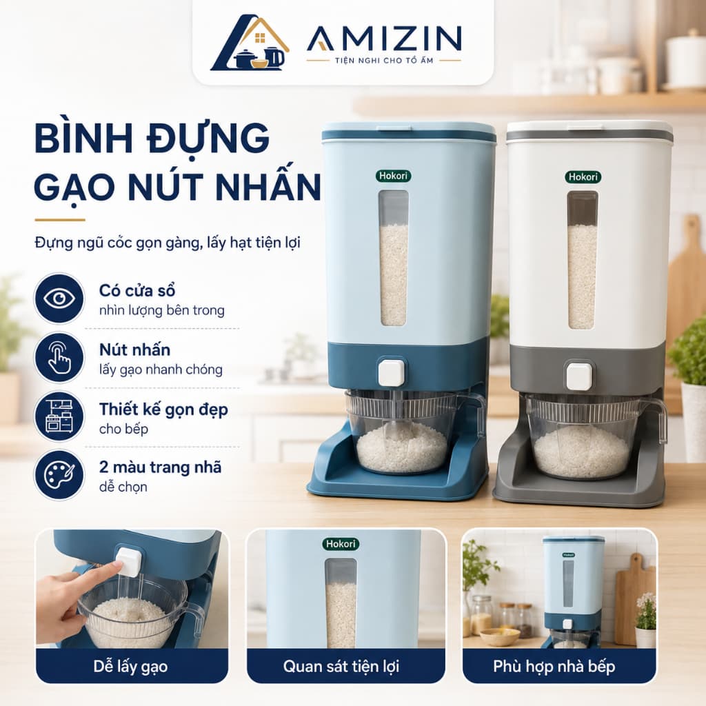 Hộp đựng gạo - Thùng đựng gạo tiện ích 10kg Hokori Việt Nhật 5338. Có cốc đong gạo. Nút bấm lấy gạo tự động.