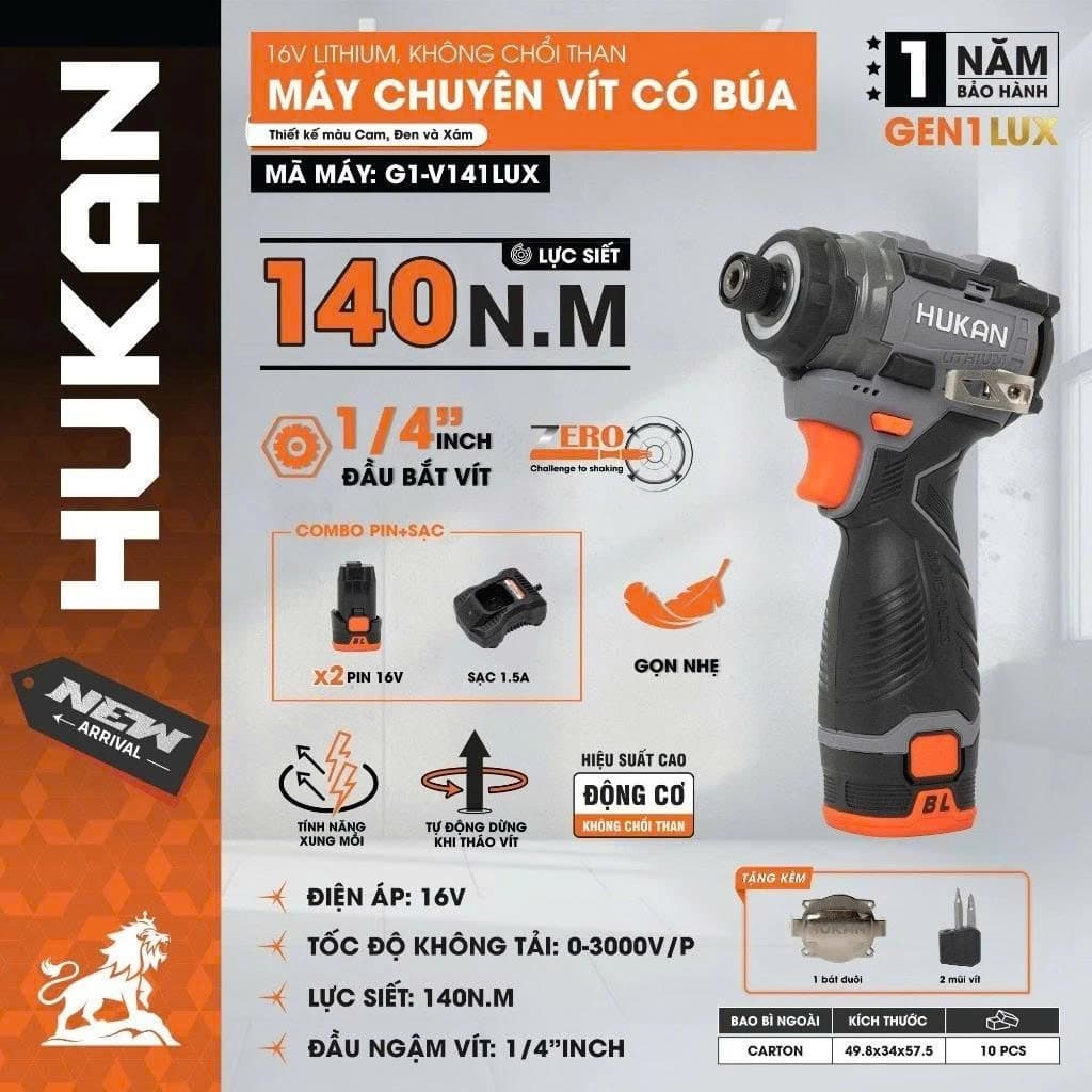 Chuyên vít có búa dùng pin HUKAN G1-V141LUX, Lực siết 140Nm, 3 chỉnh tốc nhanh - Không chổi than