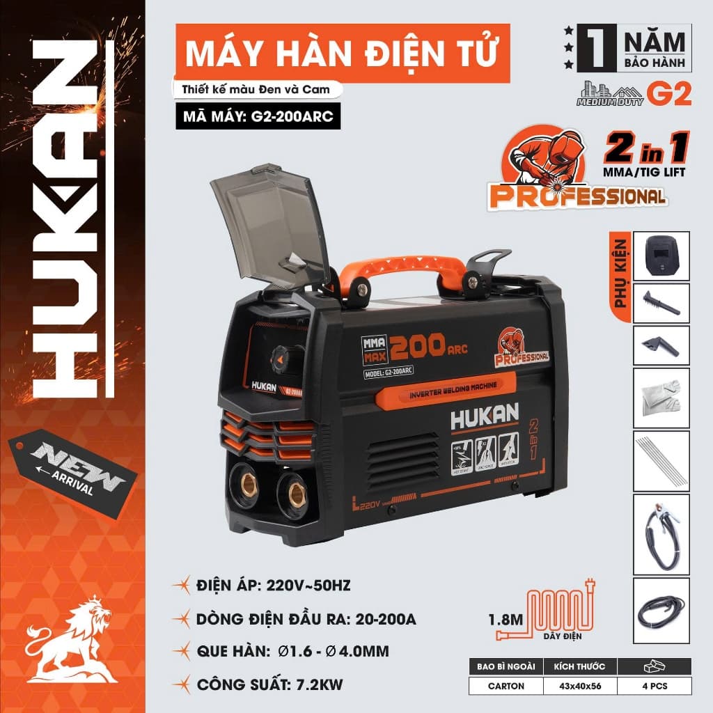 Máy Hàn Điện Tử HUKAN G2-200ARC 2trong1 Hàn MMA / Hàn TIG, Công Suất 7.2kw, Hàn Que 1.6 - 4.0