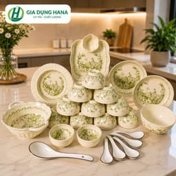 Bộ Bát Đĩa Hoa Dành Dành Cao Cấp Thương Hiệu Gia Dụng Hana Men Sáng Mịn Đẹp 1