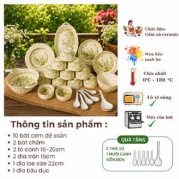 [ GiaDungQueHuong ] Bộ Bát Đĩa Gốm Sứ Họa Tiết Hoa Dành Dành CAO CẤP - Tone Xanh Pastel Nhẹ Nhàng, Thanh Lịch 3