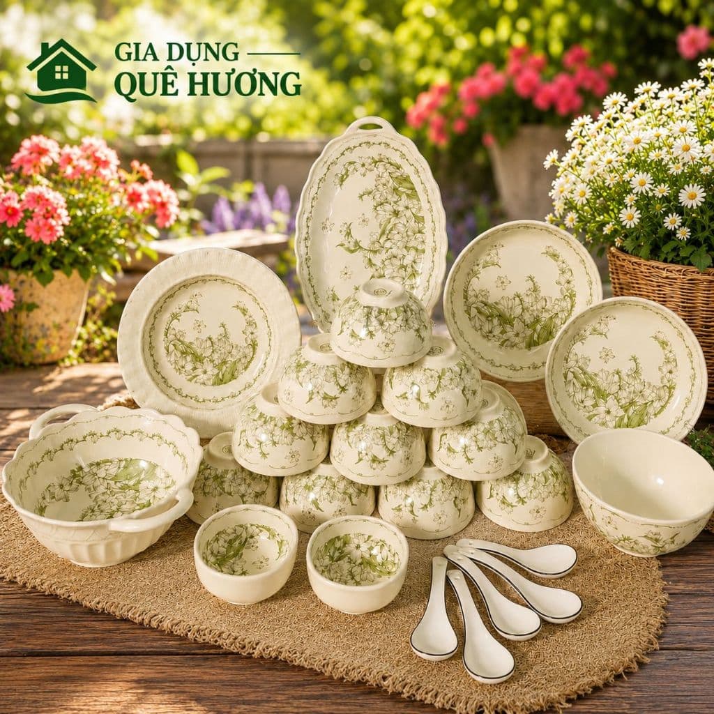 [ GiaDungQueHuong ] Bộ Bát Đĩa Gốm Sứ Họa Tiết Hoa Dành Dành CAO CẤP - Tone Xanh Pastel Nhẹ Nhàng, Thanh Lịch