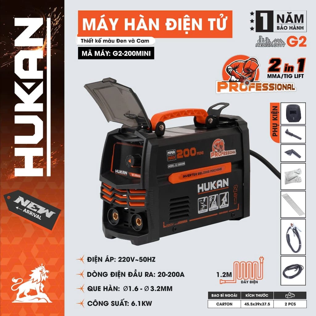 Máy Hàn Điện Tử Mini HUKAN G2-200MINI, 2trong1 Hàn MMA / Hàn TIG, Công Suất 6.1kw - Tặng Bộ Phụ Kiện