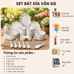 Set Bộ Bát Đĩa Ăn Cơm Gia Đình Gốm Sứ Bát Tràng Họa Tiết Vân Đá 25 Chi Tiết Chuẩn Hàng Đẹp 2
