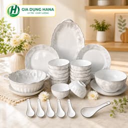 Set Bộ Bát Đĩa Ăn Cơm Gia Đình Gốm Sứ Bát Tràng Họa Tiết Vân Đá 25 Chi Tiết Chuẩn Hàng Đẹp 1