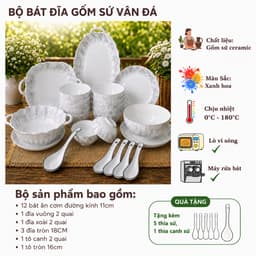 Bộ Tô Chén Đĩa Sứ Ăn Cơm Gồm 21 Sản Phầm Họa Tiết Vân Đá Tặng Kèm 5 Thìa Sứ , 1 Thìa Canh Sứ 2