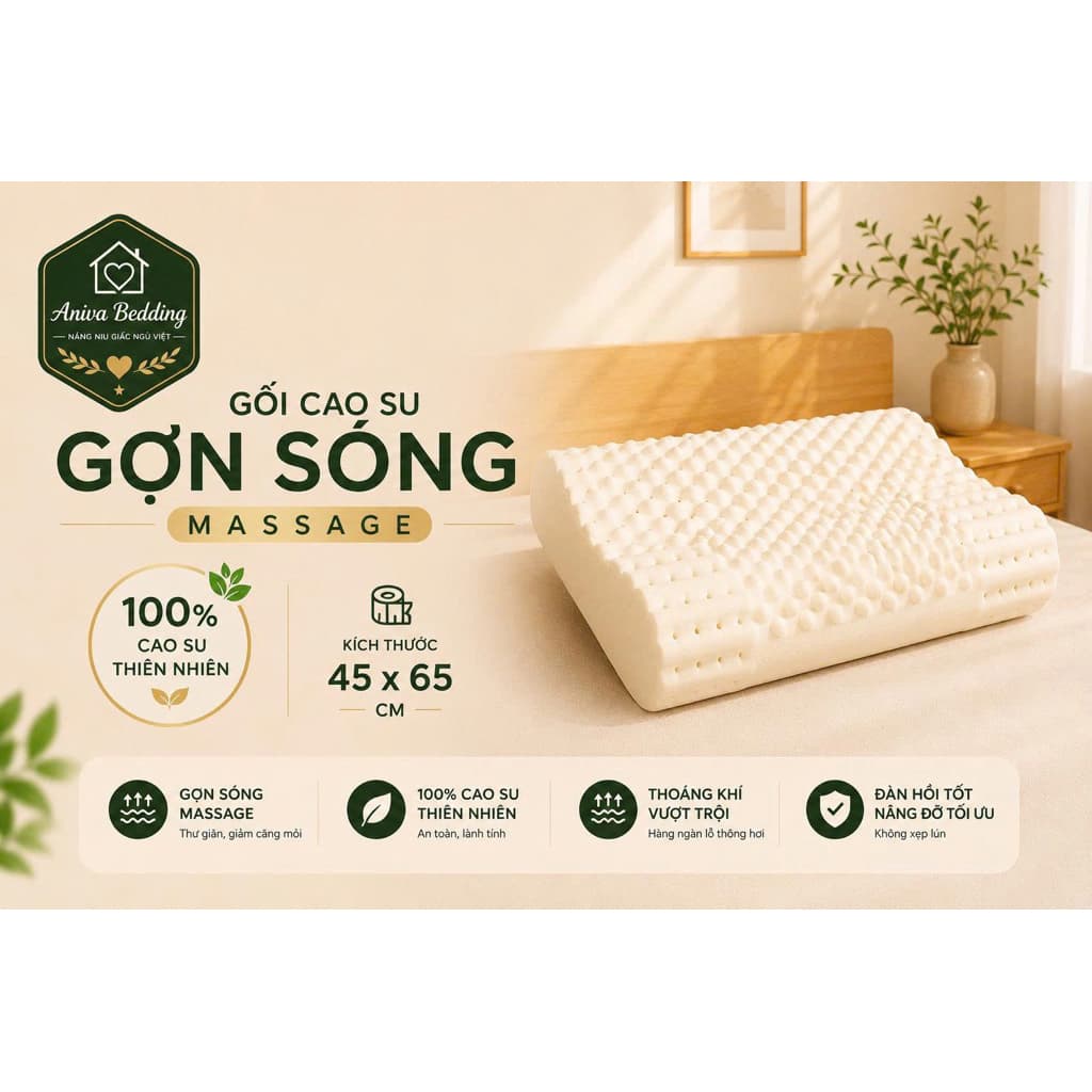 Gối Cao Su Thiên Nhiên Gợn Sóng Massage Aniva Bedding 45x65cm - Nâng Đỡ Cổ Vai Gáy, Thoáng Khí, Đàn Hồi Tốt