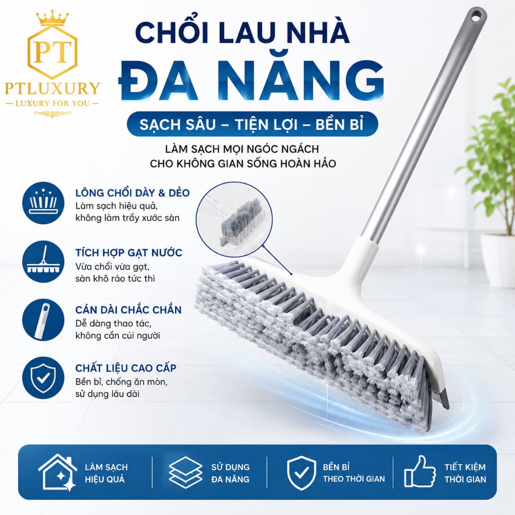 Cây quét sàn nhà tắm PTLUXURY đa năng 2 trong 1 chổi cọ nhà vệ sinh và gạt nước chổi gạt nước cán dài 125 cm