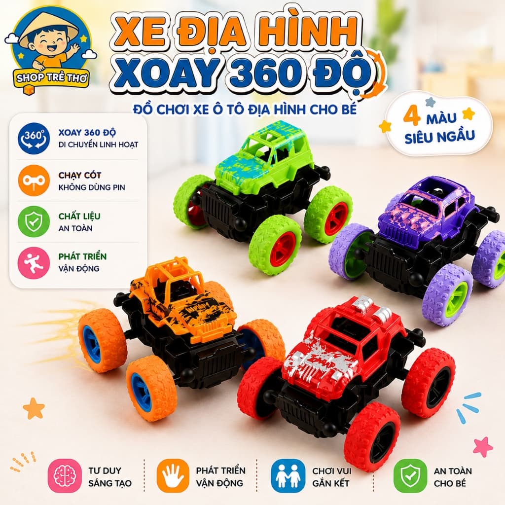 Bộ 4 xe đồ chơi ô tô địa hình xoay 360 độ, phát triển khả năng vận động cho bé.
