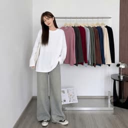 Áo thun YUSTUDIO3158, áo thun tay dài form rộng chất cotton khô, áo thu đông mẫu Trơn Tay Dài 1