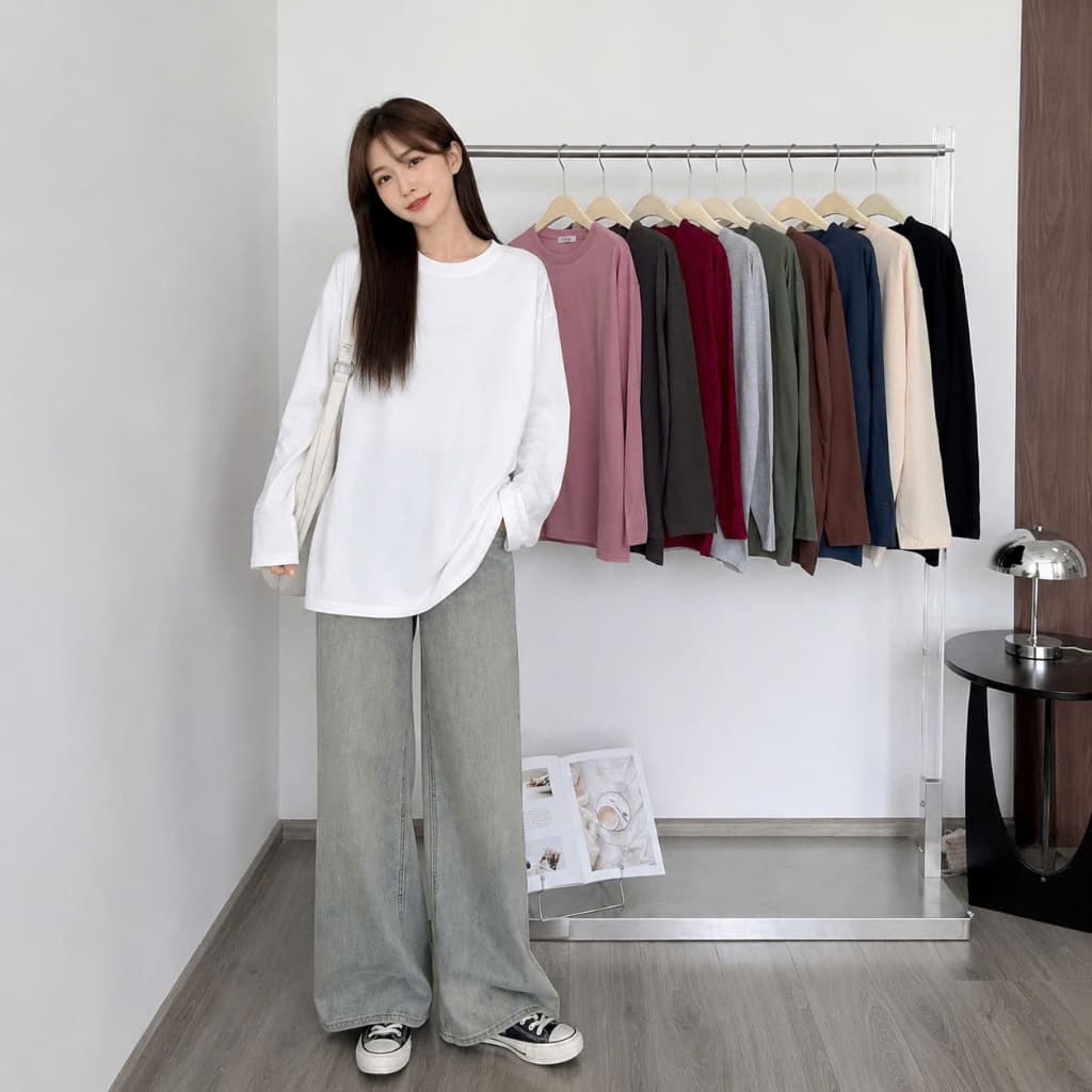 Áo thun YUSTUDIO3158, áo thun tay dài form rộng chất cotton khô, áo thu đông mẫu Trơn Tay Dài