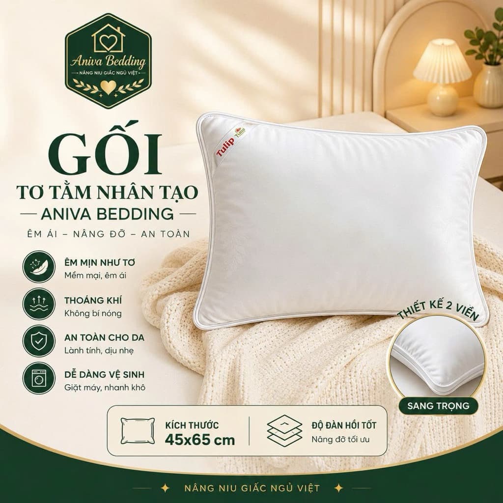 Gối Nằm Lông Vũ Nhân Tạo Aniva Bedding Cao Cấp 40x60cm 45x65cm Êm Ái Đàn Hồi Tốt Không Xẹp Lún