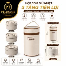 Hộp Đựng Cơm Giữ Nhiệt Kèm Túi 3 Tầng PTLUXURY Hộp Cơm Văn Phòng Cách Nhiệt 3 Tầng Không Gỉ Tiện Lợi 1