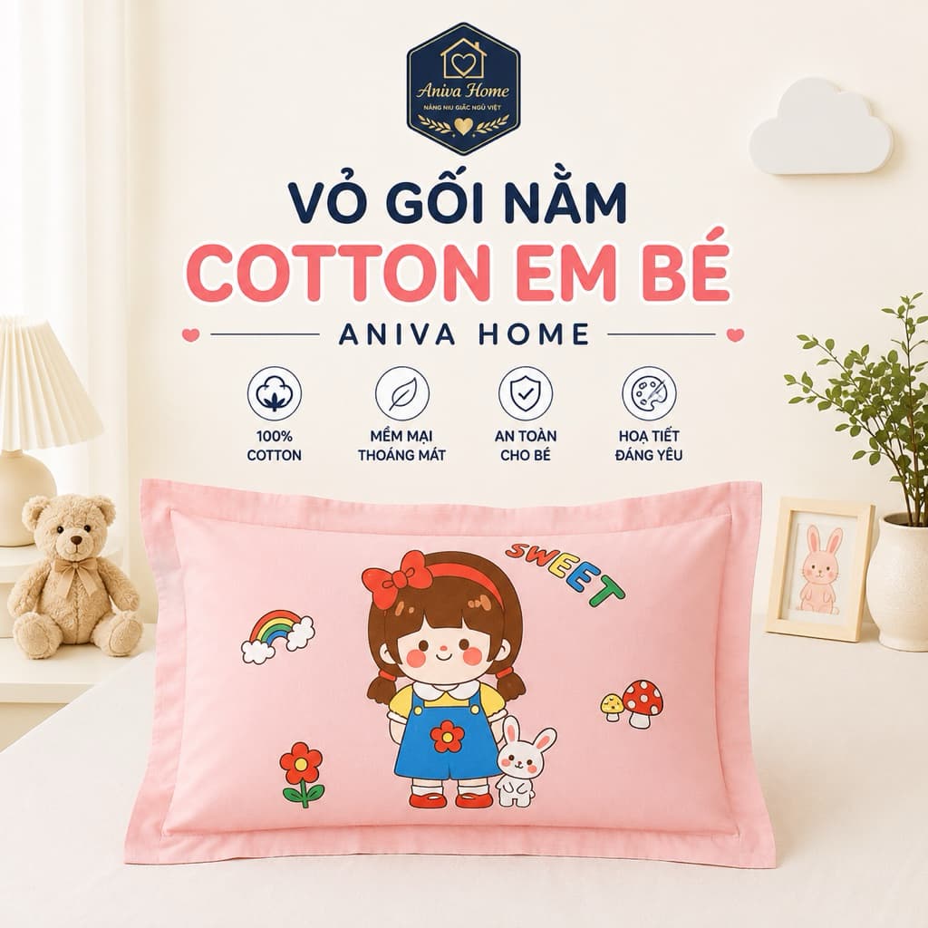 Vỏ Gối Nằm Cotton Em Bé Aniva Home 30x50cm | Áo Gối Trẻ Em Cotton Cho Bé