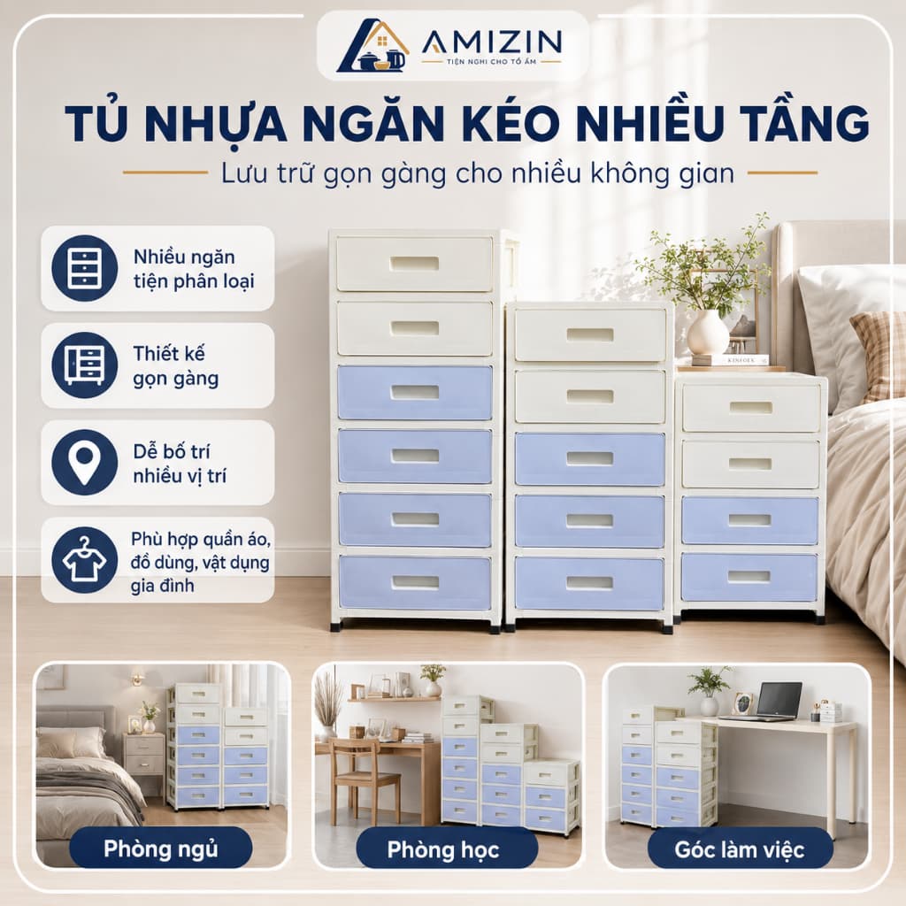 Tủ Nhựa Để Đồ 4 5 6 tầng có ngăn kéo Đa Năng, Kệ Để Đồ Tiện Lợi