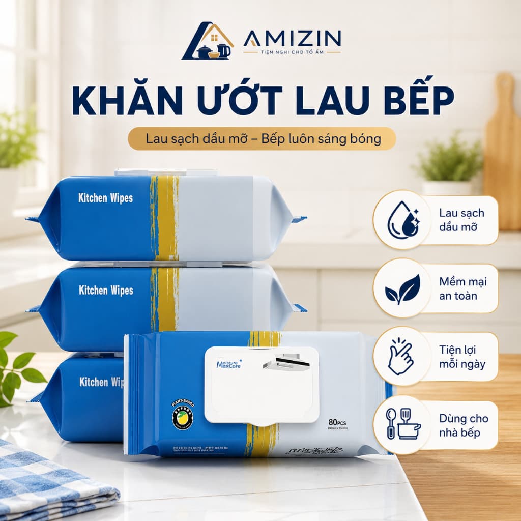 Thùng 10 gói khăn ướt Lau bếp đa năng 1 gói 80 miếng Siêu tiết kiệm AMIZIN