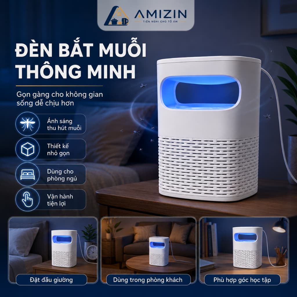 Đèn Bắt Muỗi, Máy Bắt Muỗi Diệt Côn Trùng Thông Minh Kiêm Đèn Ngủ Cao Cấp Có Quạt Hút Cổng Sạc USB Toàn AMIZIN