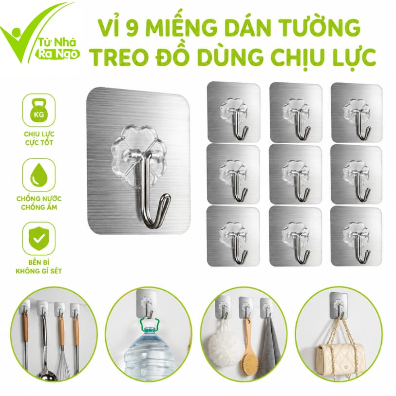 Vỉ 9 Móc Dán Tường Chịu Lực Treo Chìa Khóa GD195 - Miếng Dán Tường Treo Quần Áo Chịu Lực Siêu Dính