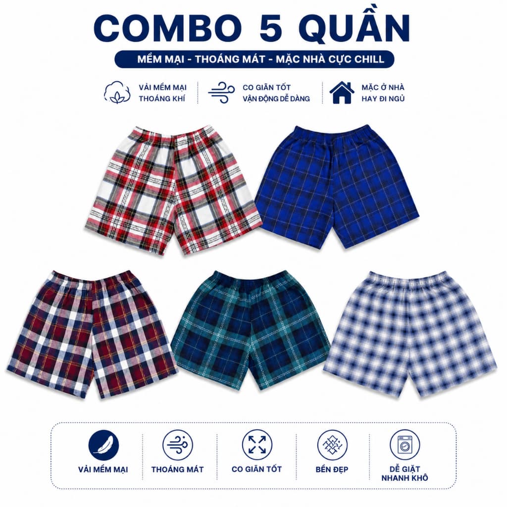 Combo 5 Quần Short Đùi Caro 2025 – Đẳng cấp thể thao, phong cách cá tính