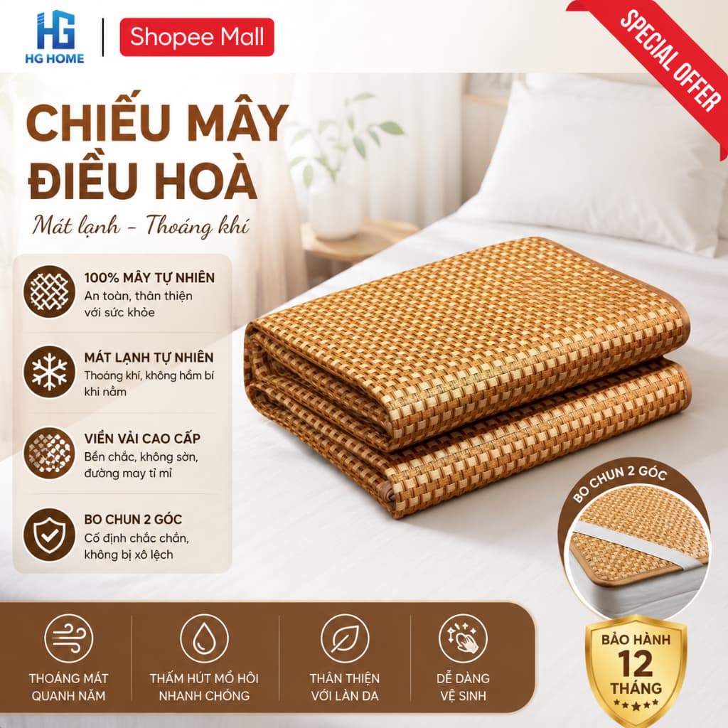 Chiếu Mây Điều Hòa Lót Lụa Cao Cấp Đa Dạng Kích Thước HGHOME - Chiếu Điều Hòa Sợi Mây Thoáng Mát Dễ Dàng Vệ Sinh