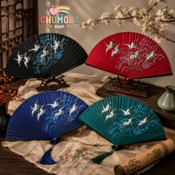 Quạt Xếp Cầm Tay Cổ Trang Vân Hạc Vũ Hải - Quạt Chim Hạc Lướt Sóng Nan Gỗ Tre Dây Tuyến Phong Cách Trung Hoa Cổ Điển 1