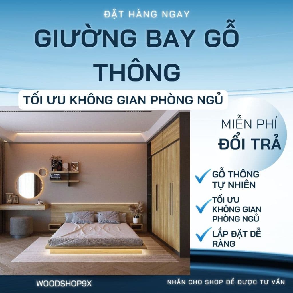 Giường Bay Gỗ Thông Cao cấp Gắn Đèn LED – Giường Ngủ Lơ Lửng Kiểu Nhật Sang Trọng,