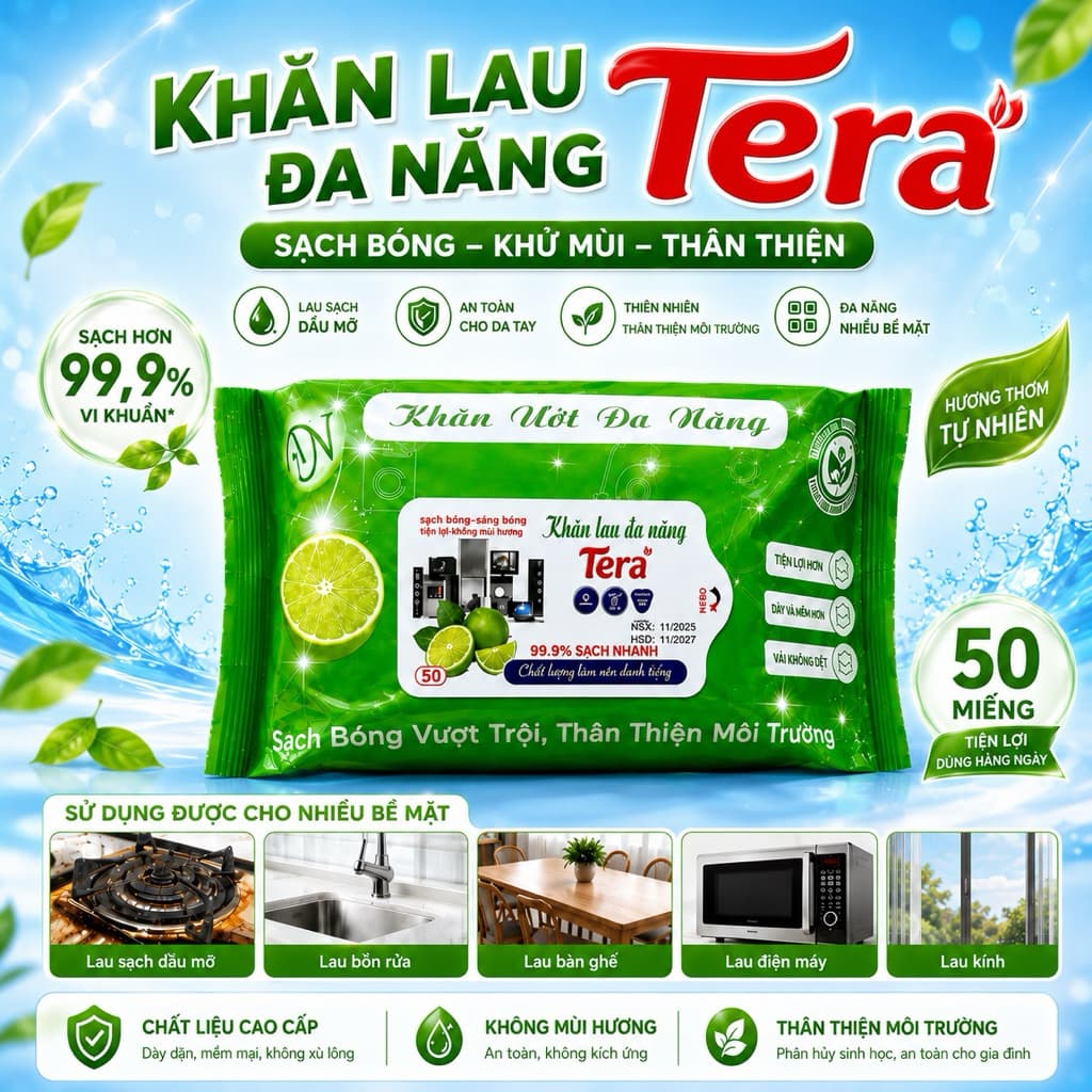 [ Combo 5 Gói ] Khăn Ướt Lau Bếp Đa Năng Tera 50 Tờ / Gói – Khử Mùi, Kháng Khuẩn Hiệu Quả, Hương Chanh Tươi Mát