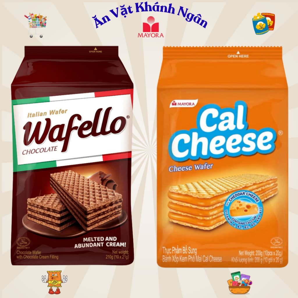 Bánh Kem Xốp Wafello Chocolate Túi 210g, Bánh Xốp Kem Phomai Cal Cheese Túi 200g - HÀNG CHÍNH HÃNG