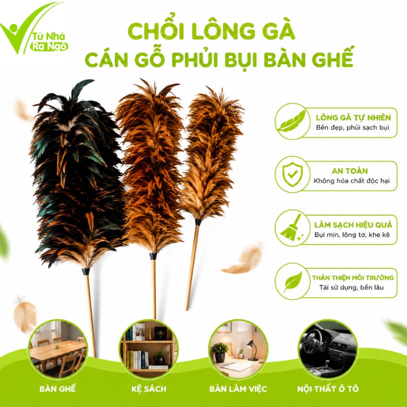 Chổi Lông Gà Tự Nhiên Cán Gỗ Phủi Bụi Bàn Ghế GD218 - Chổi Phủi Bụi Lông Gà Tự Nhiên Cán Gỗ