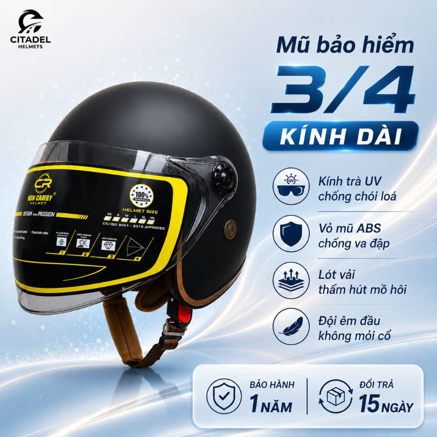 Mũ/Nón Bảo Hiểm 3/4 kính dài cho cả Nam và Nữ, Kính chắn gió, che nắng, che mưa - CARMRY HELMETS