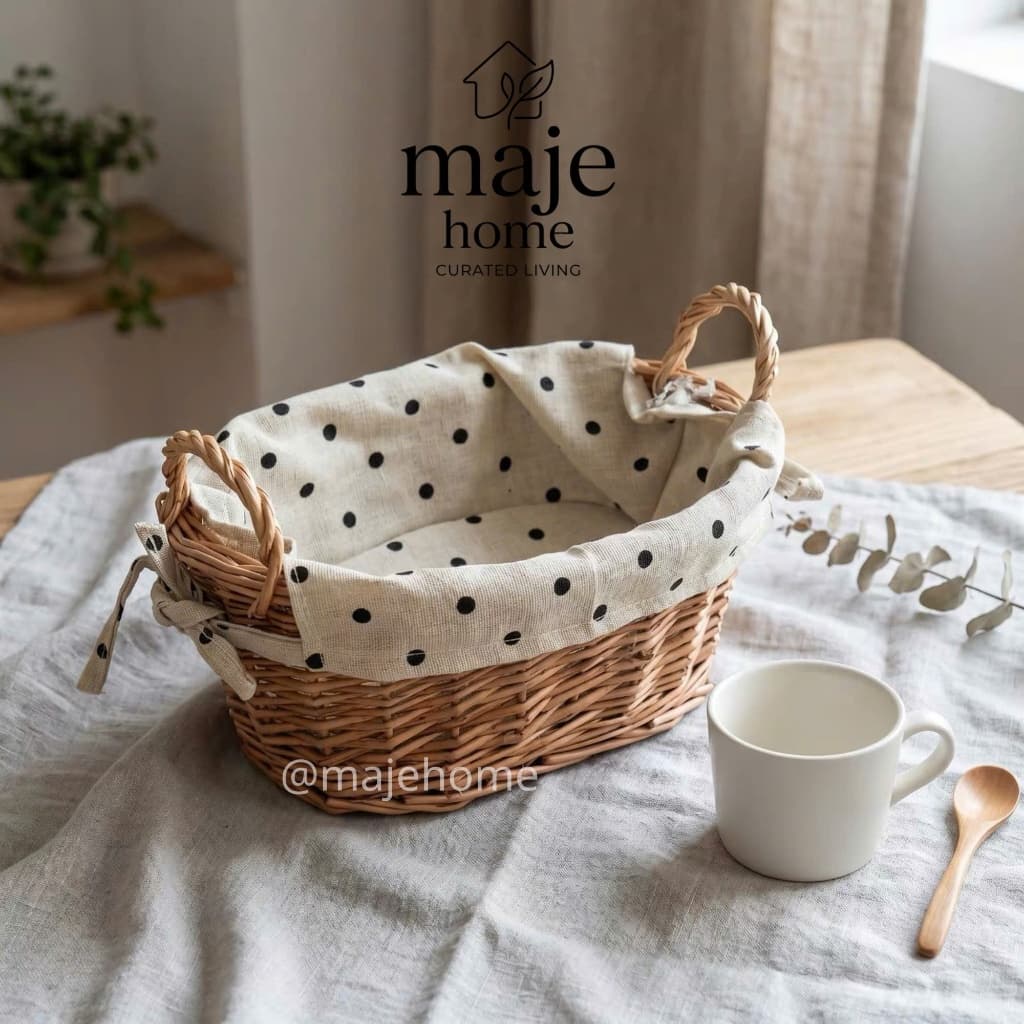 Giỏ mây đan thủ công. Giỏ đựng bánh mì trái cây decor bàn ăn có kèm khăn chấm bi phong cách Hàn Quốc - Majehome