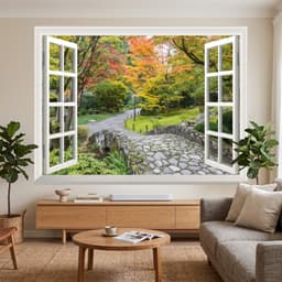 Tranh Dán Tường 3D Giả Cửa Sổ Phố Hoa Châu Âu và Cầu Đá Thiên Nhiên, Kích Thước 60x90cm 3