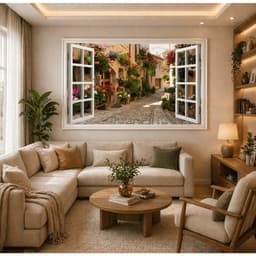 Tranh Dán Tường 3D Giả Cửa Sổ Phố Hoa Châu Âu và Cầu Đá Thiên Nhiên, Kích Thước 60x90cm 4
