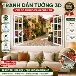 Tranh Dán Tường 3D Giả Cửa Sổ Phố Hoa Châu Âu và Cầu Đá Thiên Nhiên, Kích Thước 60x90cm 1
